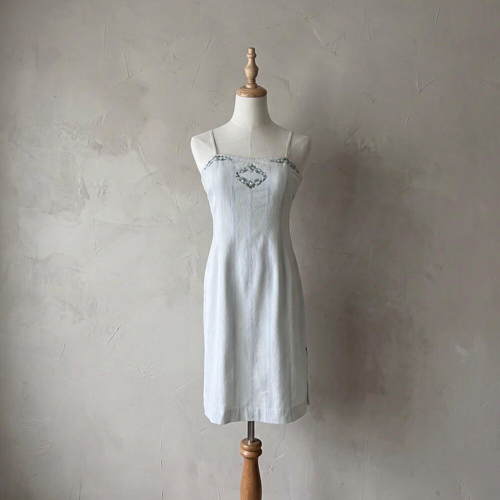 Ralph Ralph Lauren c. 1990s Embroidered Denim Shift Dress Cumulus Blue | XS - Picture 2 of 5